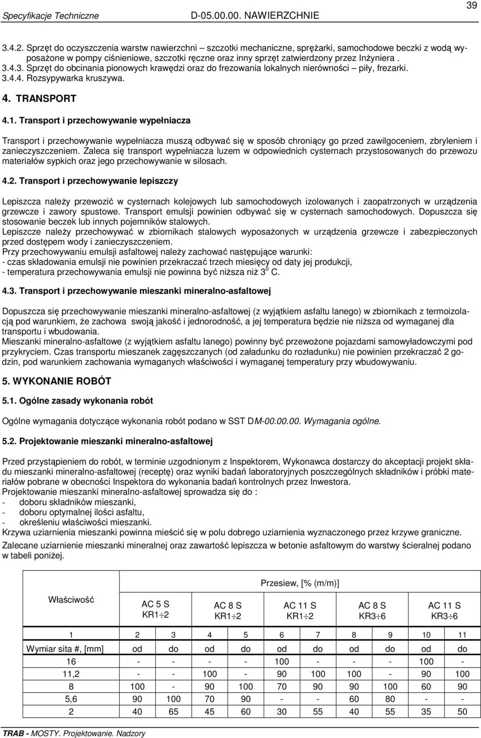 3. Sprzęt do obcinania pionowych krawędzi oraz do frezowania lokalnych nierówności piły, frezarki. 3.4.4. Rozsypywarka kruszywa. 4. TRANSPORT 4.