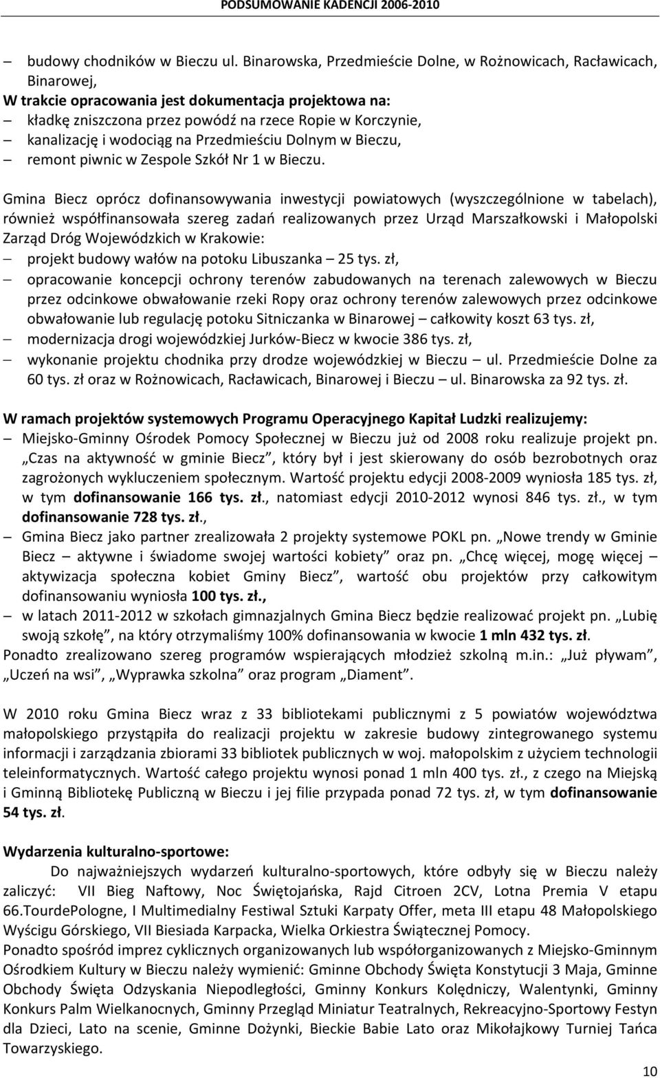 wodociąg na Przedmieściu Dolnym w Bieczu, remont piwnic w Zespole Szkół Nr 1 w Bieczu.