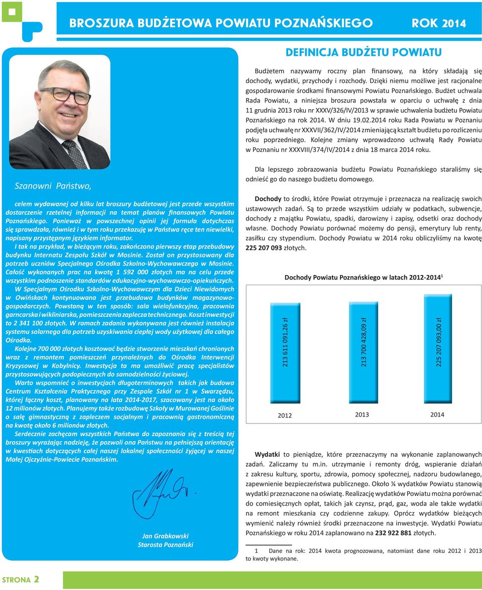 Budżet uchwala Rada Powiatu, a niniejsza broszura powstała w oparciu o uchwałę z dnia 11 grudnia 2013 roku nr XXXV/326/IV/2013 w sprawie uchwalenia budżetu Powiatu Poznańskiego na rok 2014. W dniu 19.