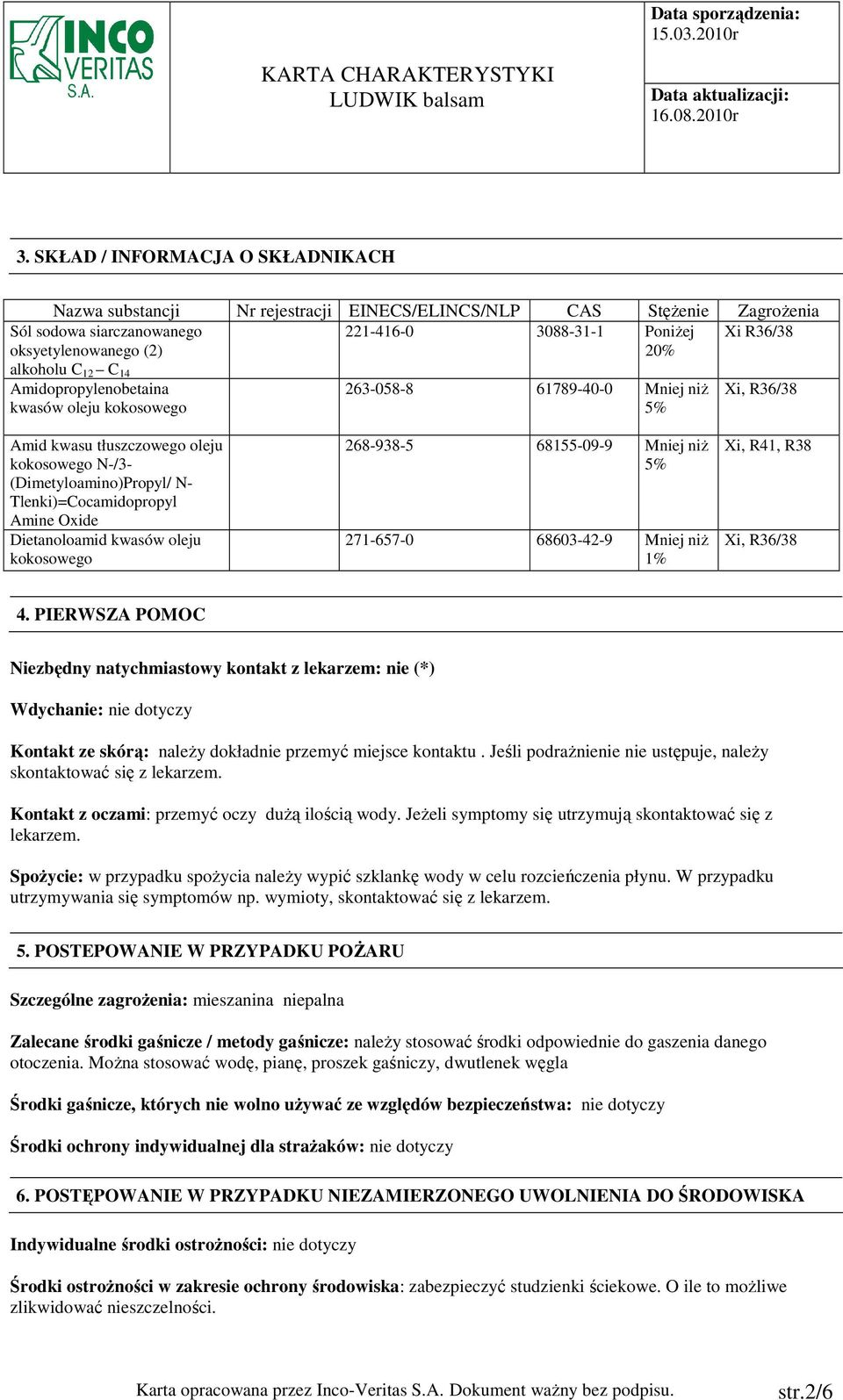 Tlenki)=Cocamidopropyl Amine Oxide Dietanoloamid kwasów oleju kokosowego 268-938-5 68155-09-9 Mniej niŝ 5% 271-657-0 68603-42-9 Mniej niŝ 1% Xi, R41, R38 Xi, R36/38 4.