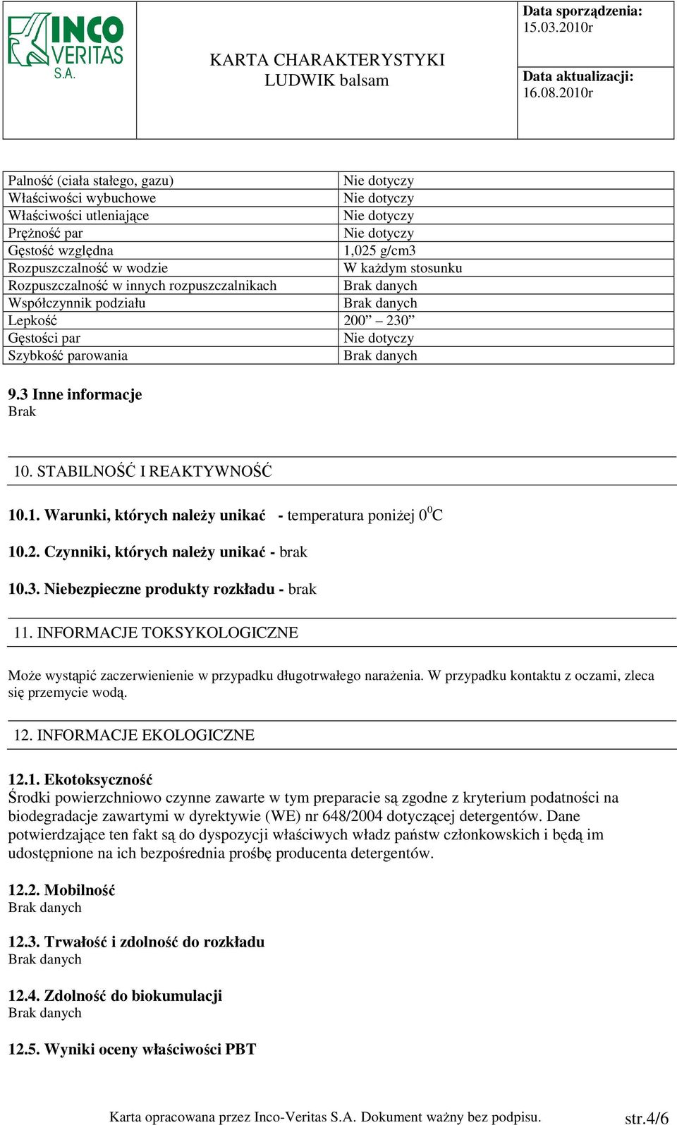 2. Czynniki, których naleŝy unikać - brak 10.3. Niebezpieczne produkty rozkładu - brak 11. INFORMACJE TOKSYKOLOGICZNE MoŜe wystąpić zaczerwienienie w przypadku długotrwałego naraŝenia.