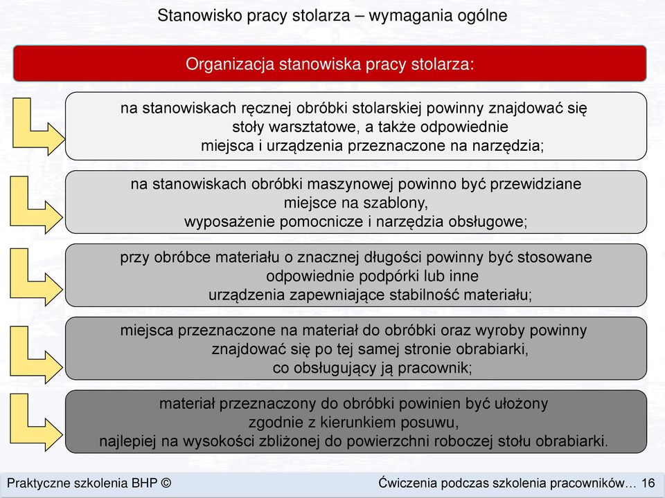 długości powinny być stosowane odpowiednie podpórki lub inne urządzenia zapewniające stabilność materiału; miejsca przeznaczone na materiał do obróbki oraz wyroby powinny znajdować się po tej samej