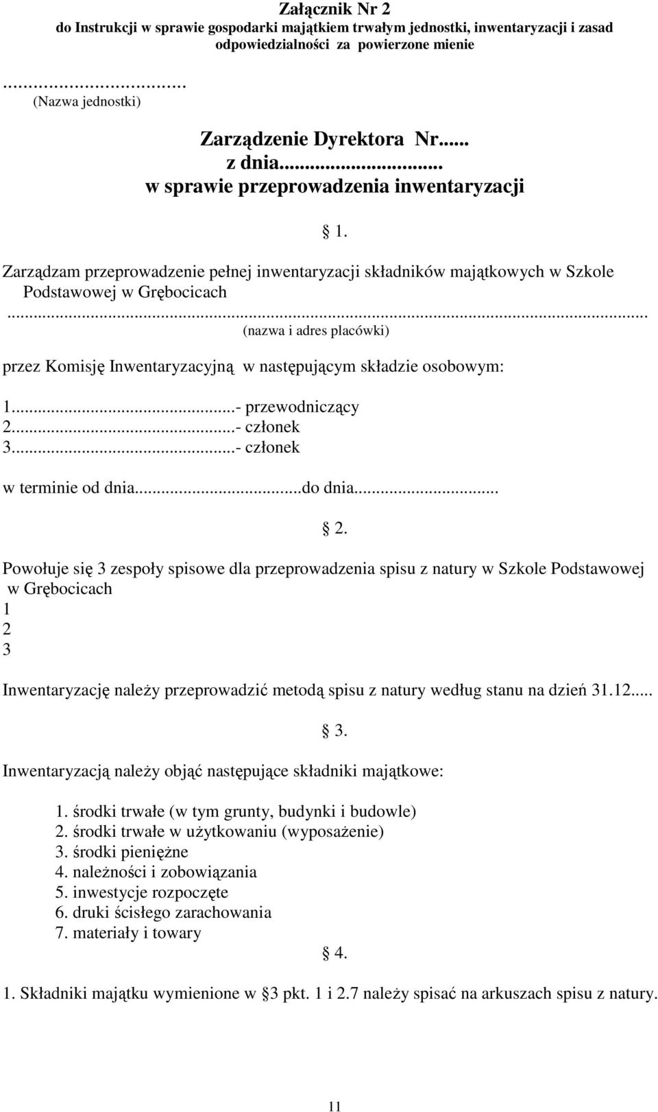 .. (nazwa i adres placówki) przez Komisję Inwentaryzacyjną w następującym składzie osobowym: 1...- przewodniczący 2.