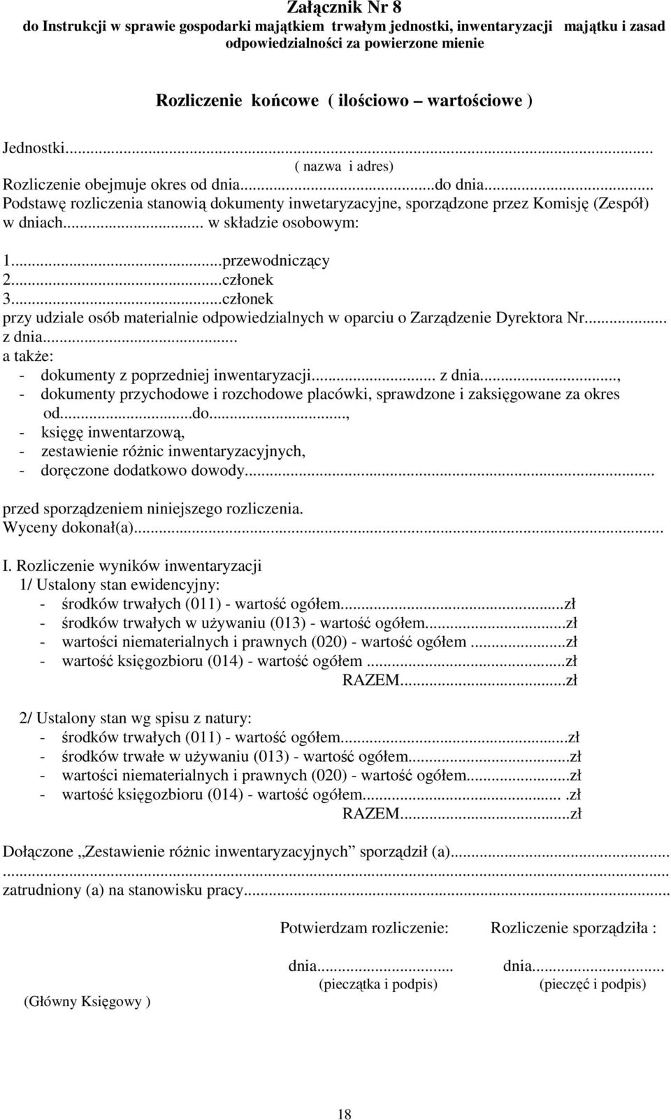 ..przewodniczący 2...członek 3...członek przy udziale osób materialnie odpowiedzialnych w oparciu o Zarządzenie Dyrektora Nr... z dnia.