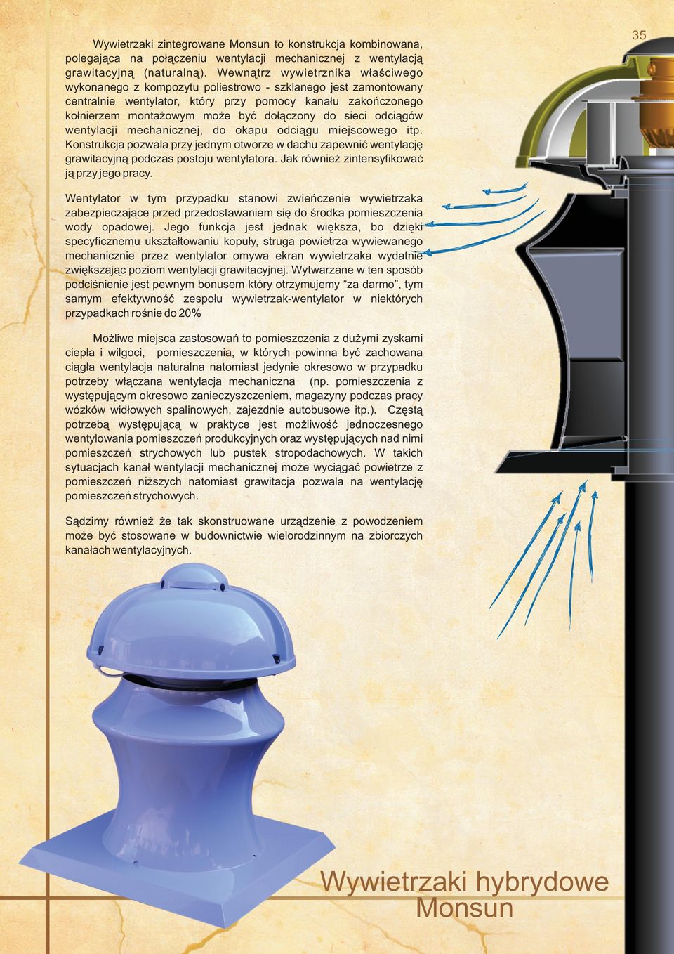 do sieci odciągów wentylacji mechanicznej, do okapu odciągu miejscowego itp. Konstrukcja pozwala przy jednym otworze w dachu zapewnić wentylację grawitacyjną podczas postoju wentylatora.