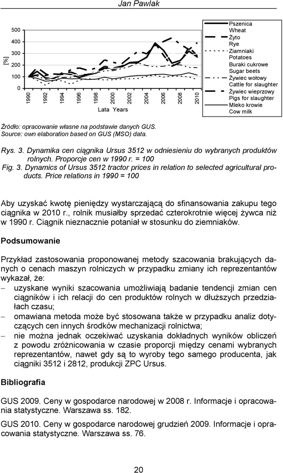 Dynamika cen ciągnika Ursus 3512 w odniesieniu do wybranych produktów rolnych. Proporcje cen w 1990 r. = 100 Fig. 3. Dynamics of Ursus 3512 tractor prices in relation to selected agricultural products.