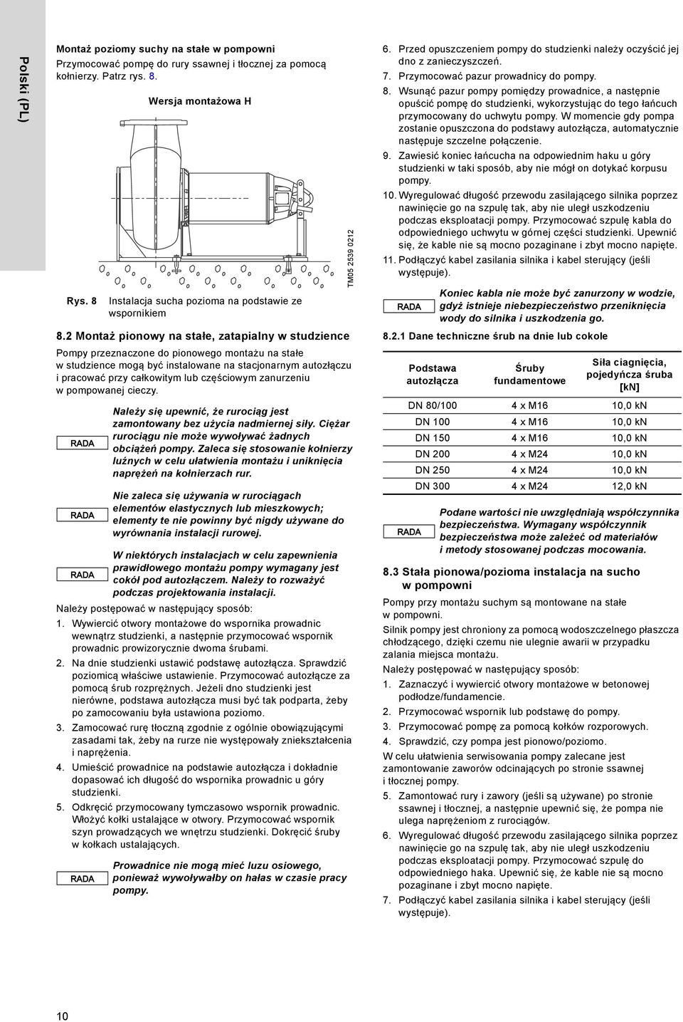 2 Montaż pionowy na stałe, zatapialny w studzience Pompy przeznaczone do pionowego montażu na stałe w studzience mogą być instalowane na stacjonarnym autozłączu i pracować przy całkowitym lub