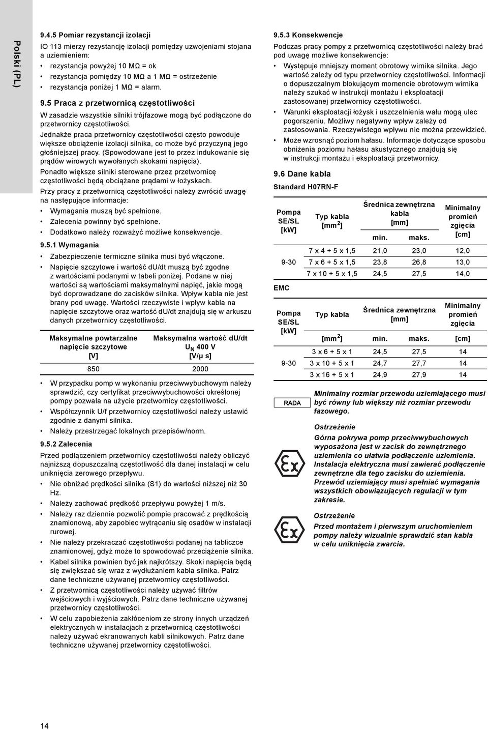 poniżej 1 MΩ = alarm. 9.5 Praca z przetwornicą częstotliwości W zasadzie wszystkie silniki trójfazowe mogą być podłączone do przetwornicy częstotliwości.