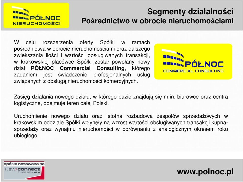nieruchomości komercyjnych. Zasięg działania nowego działu, w którego bazie znajdują się m.in. biurowce oraz centra logistyczne, obejmuje teren całej Polski.