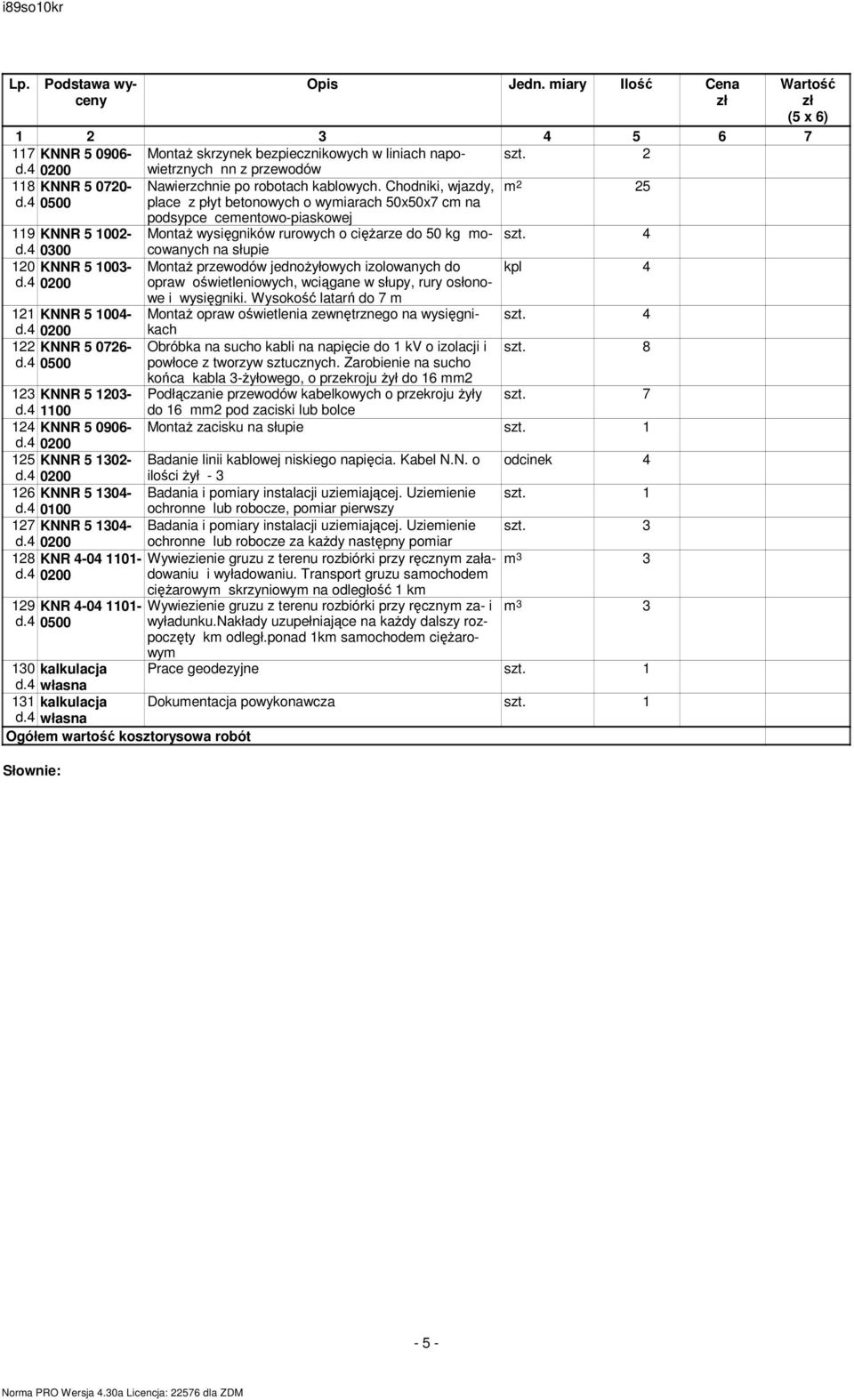 4 0500 MontaŜ przewodów jednoŝyłowych izolowanych do Obróbka na sucho kabli na napięcie do 1 kv o izolacji i kpl 4 szt. 8 Podłączanie przewodów kabelkowych o przekroju Ŝyły szt.