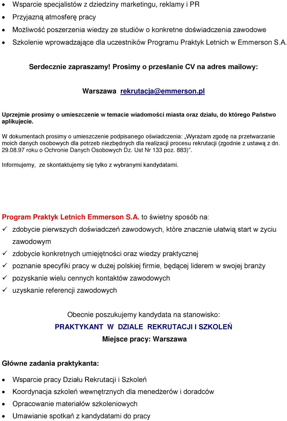 Program Praktyk Letnich Emmerson S.A.