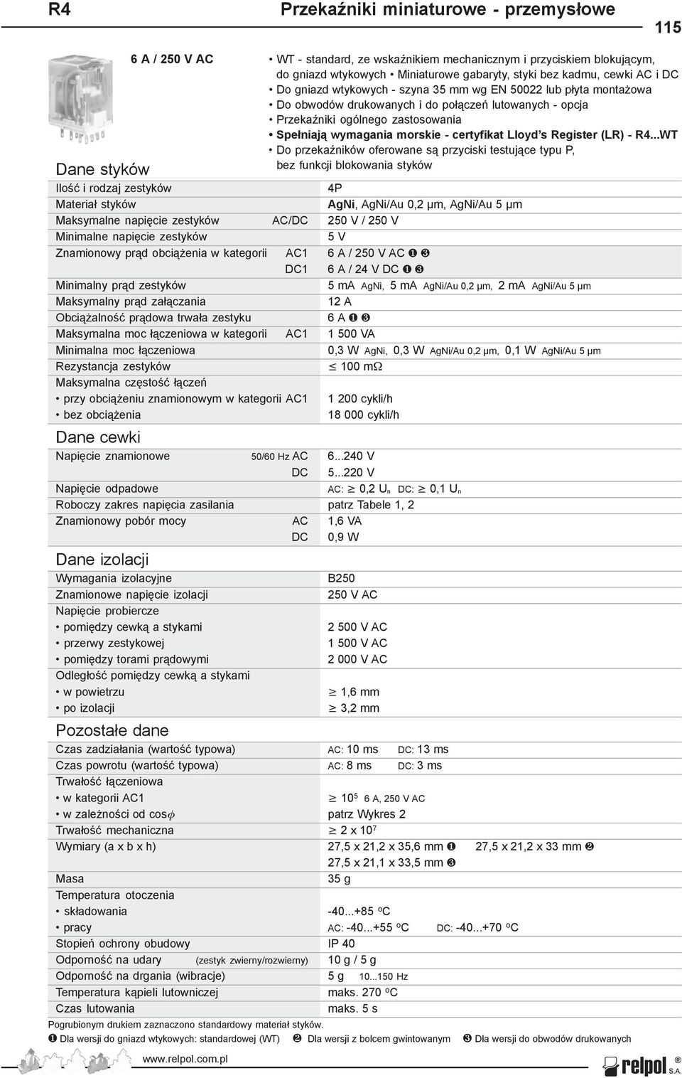 obciążeniu znamionowym w kategorii AC1 bez obciążenia Dane cewki Napięcie znamionowe Napięcie odpadowe Roboczy zakres napięcia zasilania Znamionowy pobór mocy Dane izolacji Wymagania izolacyjne