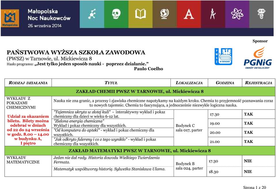 00 w budynku A, I piętro WYKŁADY MATEMATYCZNE ZAKŁAD CHEMII PWSZ W TARNOWIE, ul. Mickiewicza 8 Nauka nie zna granic, a procesy i zjawiska chemiczne napotykamy na każdym kroku.