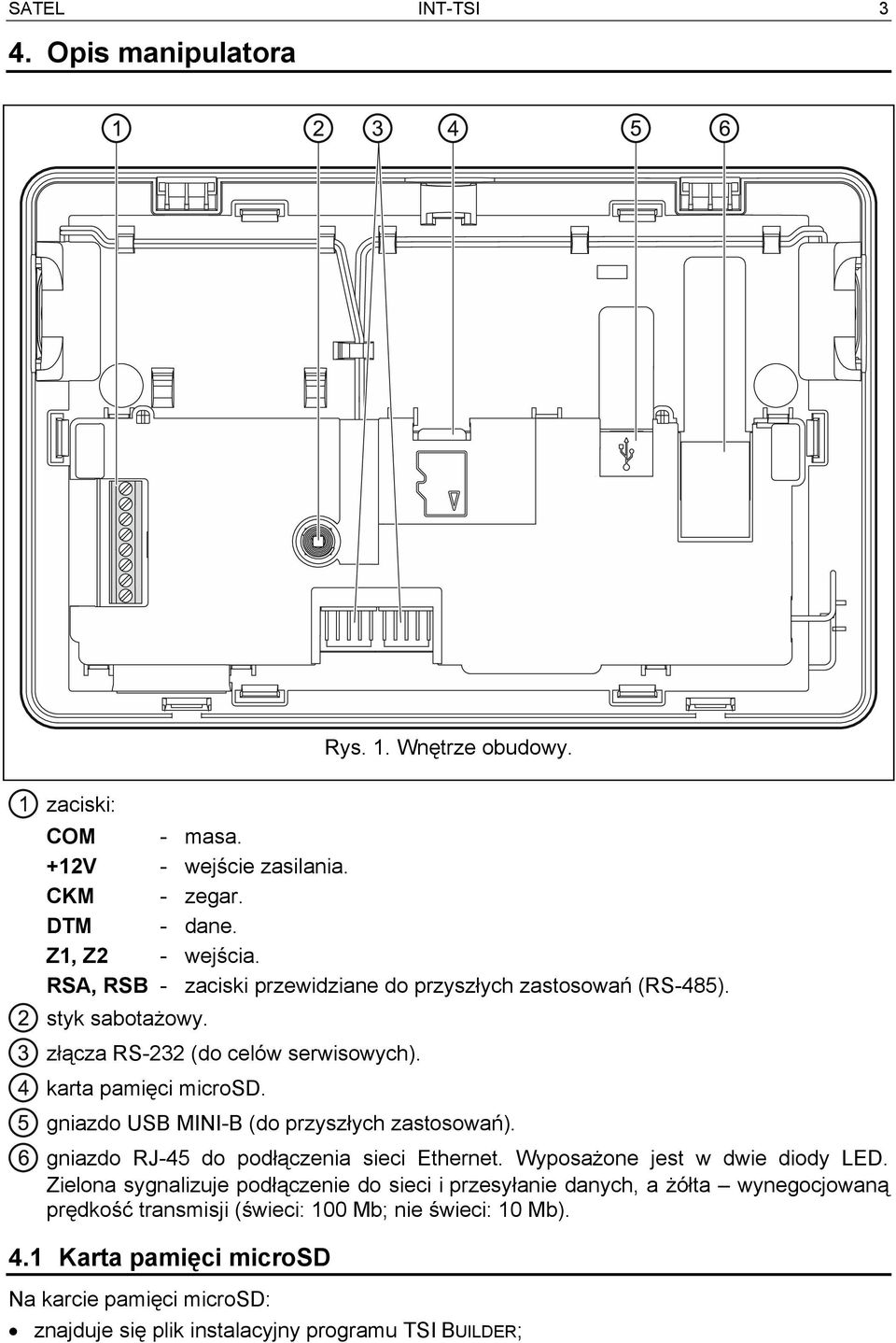 gniazdo USB MINI-B (do przyszłych zastosowań). gniazdo RJ-45 do podłączenia sieci Ethernet. Wyposażone jest w dwie diody LED.