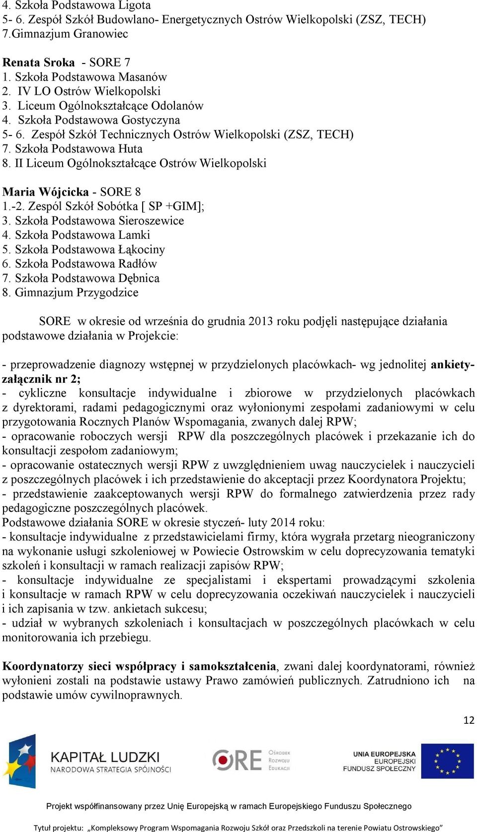 II Liceum Ogólnokształcące Ostrów Wielkopolski Maria Wójcicka - SORE 8 1.-2. Zespól Szkół Sobótka [ SP +GIM]; 3. Szkoła Podstawowa Sieroszewice 4. Szkoła Podstawowa Lamki 5.
