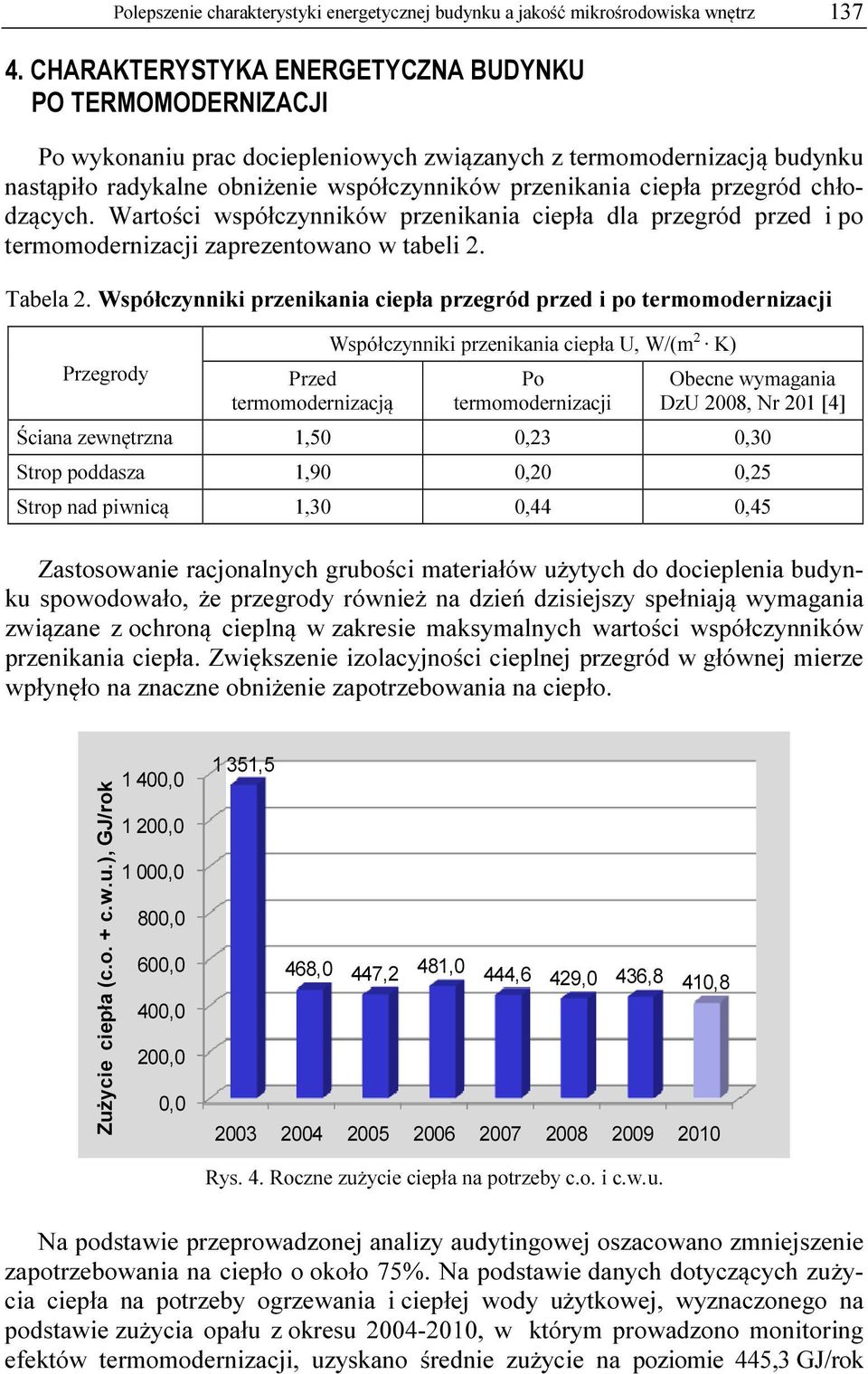przegród chłodzących. Wartości współczynników przenikania ciepła dla przegród przed i po termomodernizacji zaprezentowano w tabeli 2. Tabela 2.