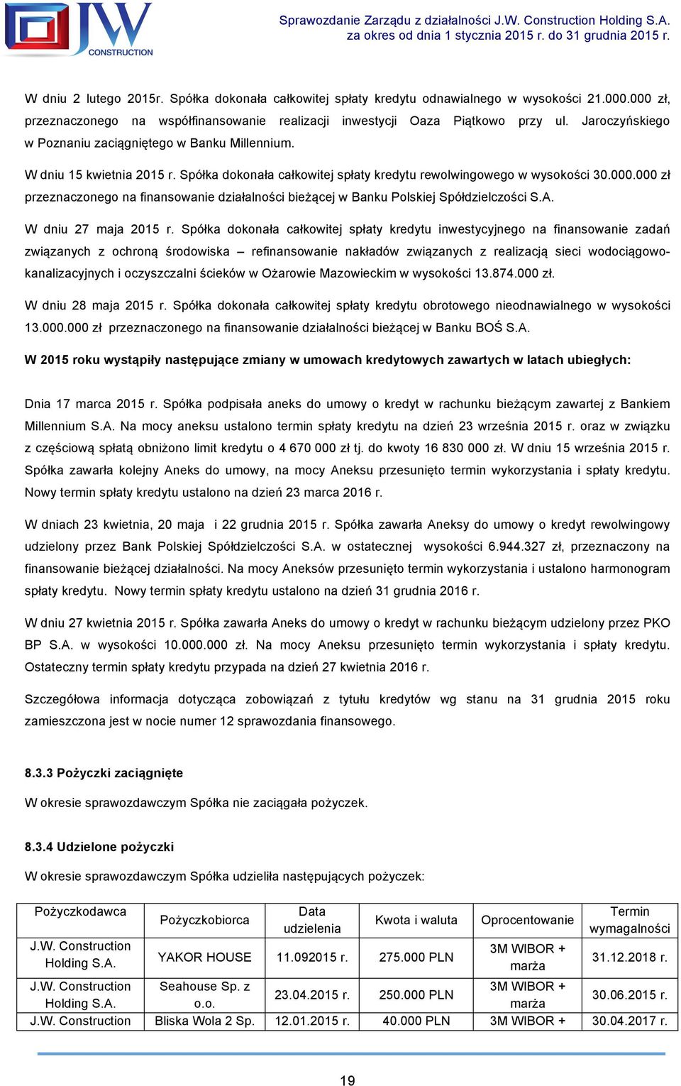 000 zł przeznaczonego na finansowanie działalności bieżącej w Banku Polskiej Spółdzielczości S.A. W dniu 27 maja 2015 r.