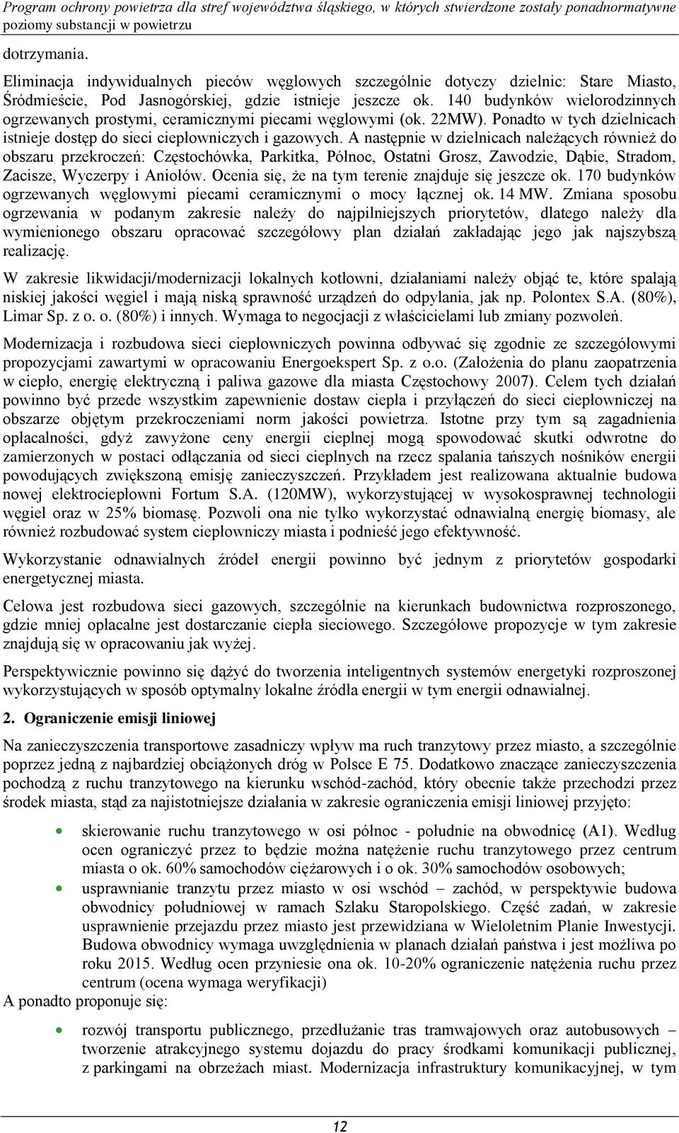 A następnie w dzielnicach należących również do obszaru przekroczeń: Częstochówka, Parkitka, Północ, Ostatni Grosz, Zawodzie, Dąbie, Stradom, Zacisze, Wyczerpy i Aniołów.
