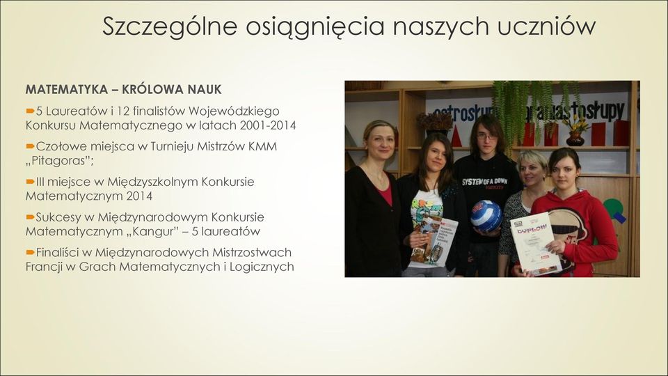 Pitagoras ; III miejsce w Międzyszkolnym Konkursie Matematycznym 2014 Sukcesy w Międzynarodowym