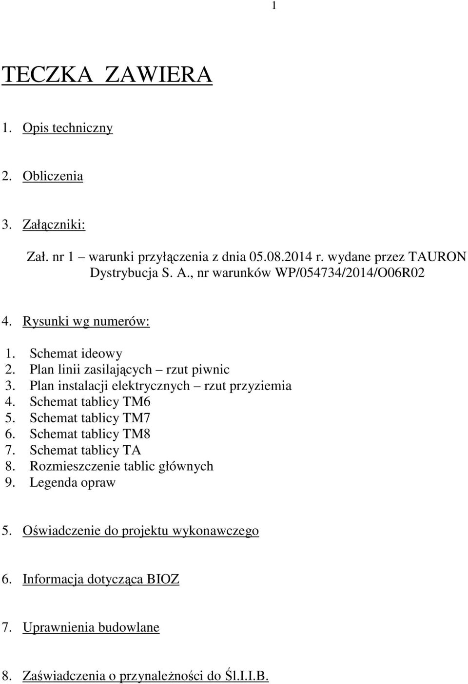 Plan instalacji elektrycznych rzut przyziemia 4. Schemat tablicy TM6 5. Schemat tablicy TM7 6. Schemat tablicy TM8 7. Schemat tablicy TA 8.