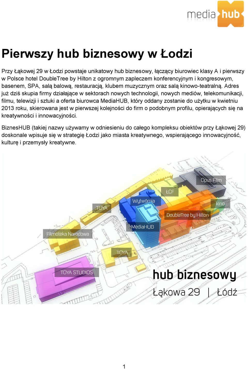 Adres już dziś skupia firmy działające w sektorach nowych technologii, nowych mediów, telekomunikacji, filmu, telewizji i sztuki a oferta biurowca MediaHUB, który oddany zostanie do użytku w kwietniu