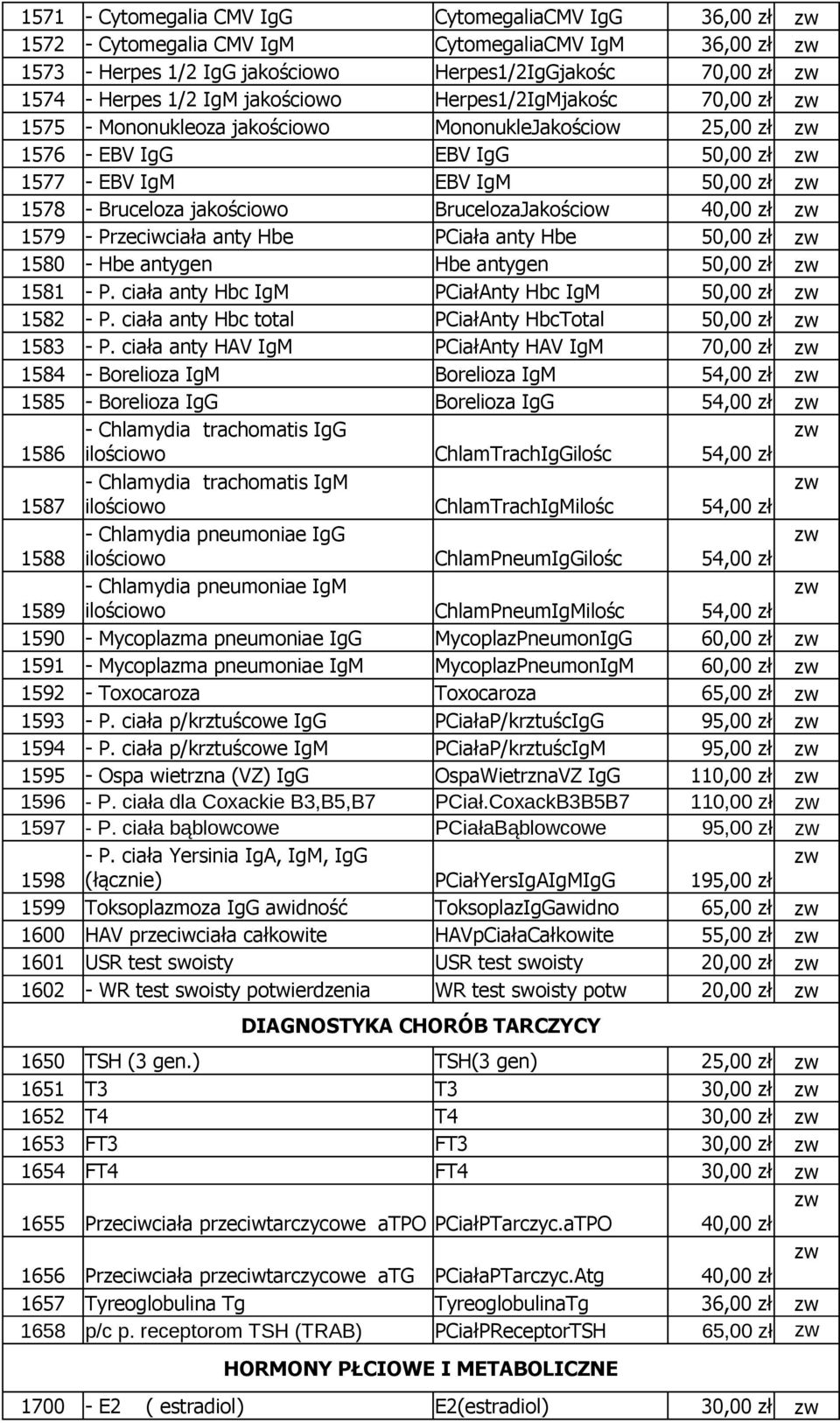 BrucelozaJakościow 40,00 zł 1579 - Przeciwciała anty Hbe PCiała anty Hbe 50,00 zł 1580 - Hbe antygen Hbe antygen 50,00 zł 1581 - P. ciała anty Hbc IgM PCiałAnty Hbc IgM 50,00 zł 1582 - P.