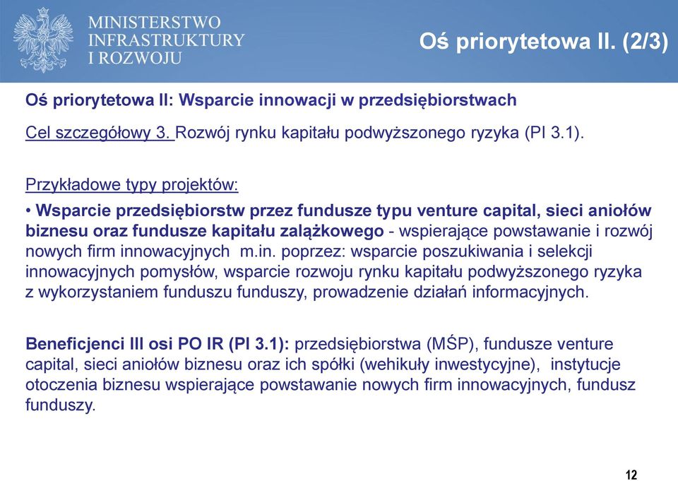 innowacyjnych m.in. poprzez: wsparcie poszukiwania i selekcji innowacyjnych pomysłów, wsparcie rozwoju rynku kapitału podwyższonego ryzyka z wykorzystaniem funduszu funduszy, prowadzenie działań informacyjnych.