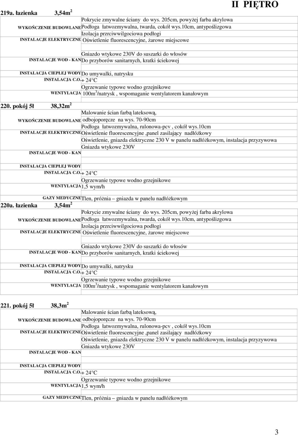 natrysku 220. pokój 5ł 38,32m 2 220a. łazienka 3,54m 2 Pokrycie zmywalne ściany do wys.