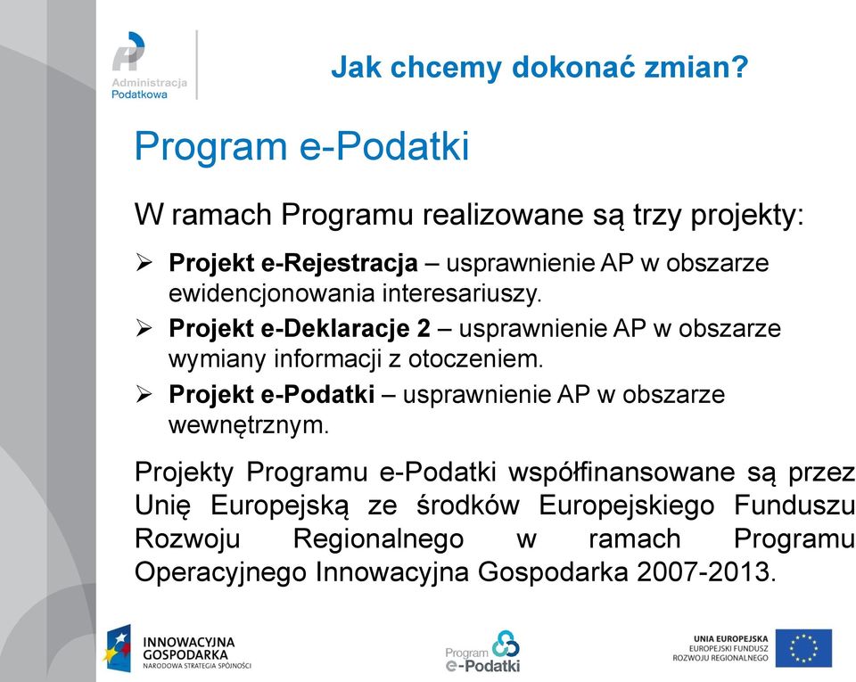 interesariuszy. Projekt e-deklaracje 2 usprawnienie AP w obszarze wymiany informacji z otoczeniem.