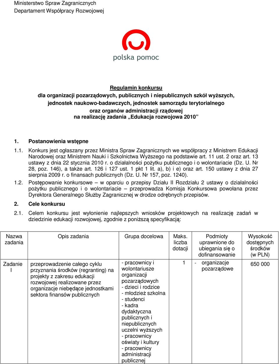1. Postanowienia wstępne 1.1. Konkurs jest ogłaszany przez Ministra Spraw Zagranicznych we współpracy z Ministrem Edukacji Narodowej oraz Ministrem Nauki i Szkolnictwa WyŜszego na podstawie art.