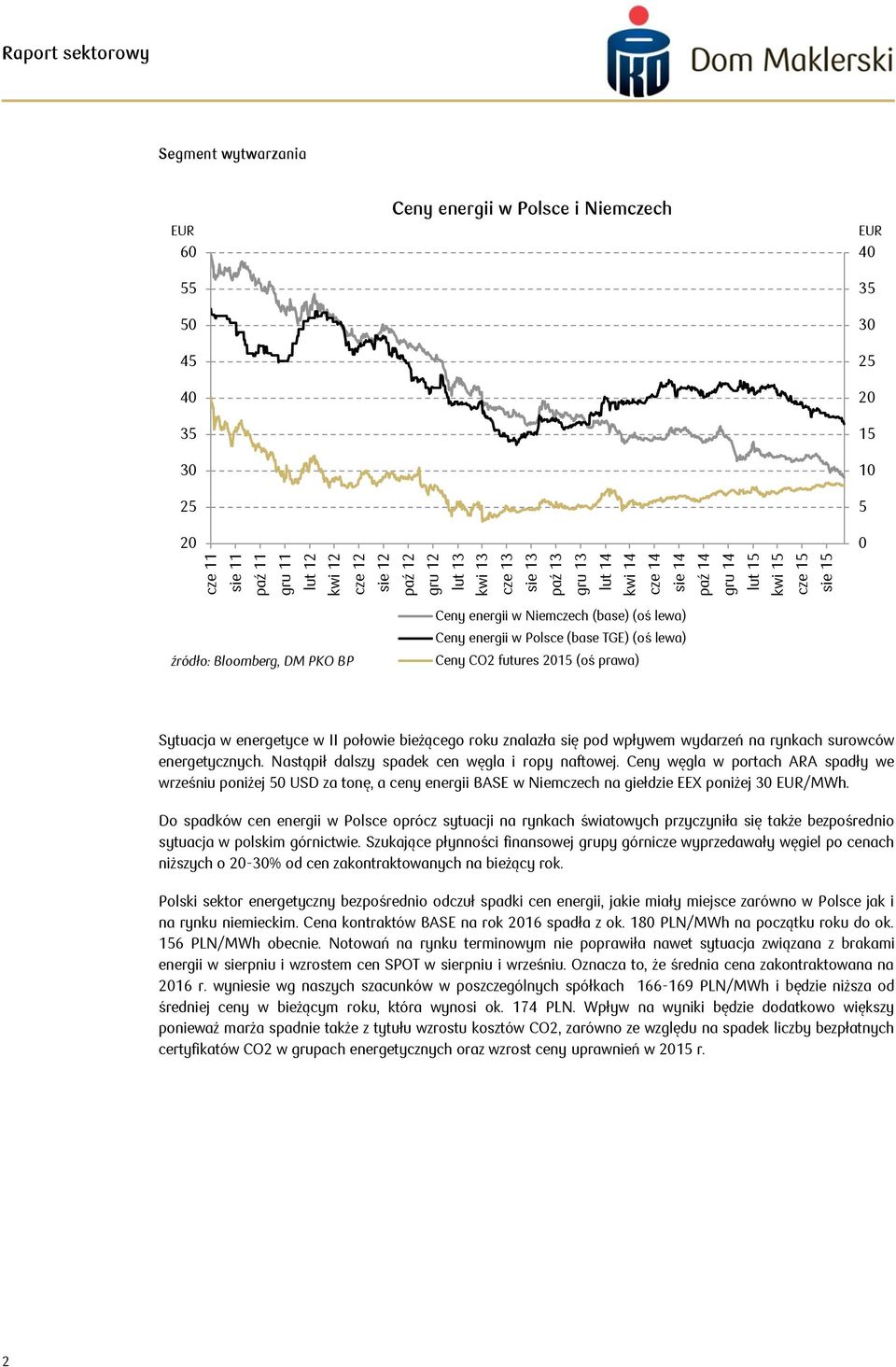 Polsce (base TGE) (oś lewa) Ceny CO2 futures 2015 (oś prawa) Sytuacja w energetyce w II połowie bieżącego roku znalazła się pod wpływem wydarzeń na rynkach surowców energetycznych.