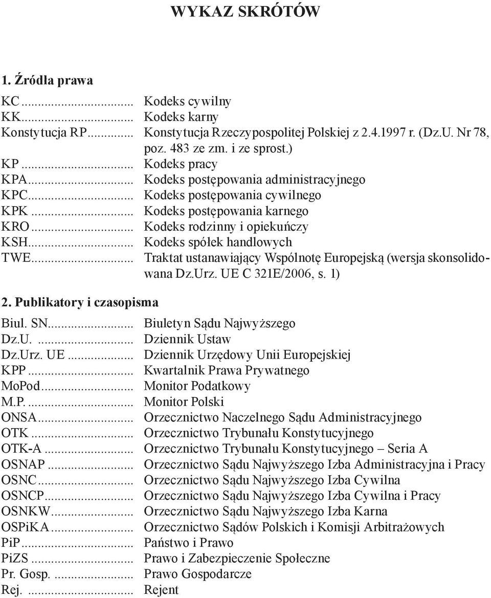 ustanawiający Wspólnotę Europejską (wersja skonsolidowana Dz.Urz. UE C 321E/2006, s. 1) 2. Publikatory i czasopisma Biul. SN Biuletyn Sądu Najwyższego Dz.U. Dziennik Ustaw Dz.Urz. UE Dziennik Urzędowy Unii Europejskiej KPP Kwartalnik Prawa Prywatnego MoPod Monitor Podatkowy M.