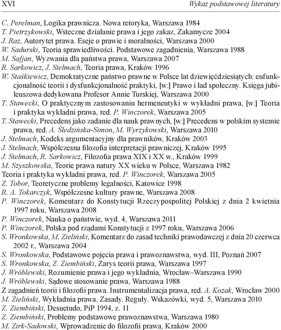 Stelmach, Teoria prawa, Kraków 1996 W. Staśkiewicz, Demokratyczne państwo prawne w Polsce lat dziewięćdziesiątych: eufunkcjonalność teorii i dysfunkcjonalność praktyki, [w:] Prawo i ład społeczny.