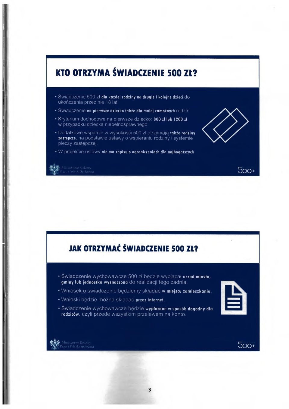 dziecko: 800 zł lub 1200 zł w przypadku dziecka niepełnosprawnego Dodatkowe wsparcie w wysokości 500 zł otrzymają także rodziny zastępcze, na podstawie ustawy o wspieraniu rodziny i systemie pieczy