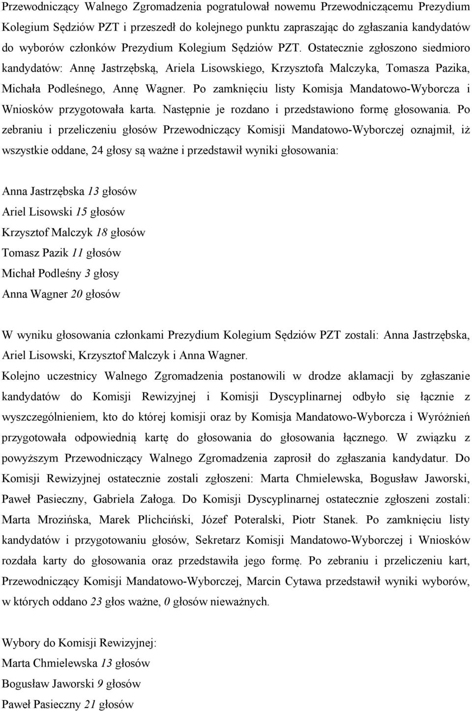 Po zamknięciu listy Komisja Mandatowo-Wyborcza i Wniosków przygotowała karta. Następnie je rozdano i przedstawiono formę głosowania.