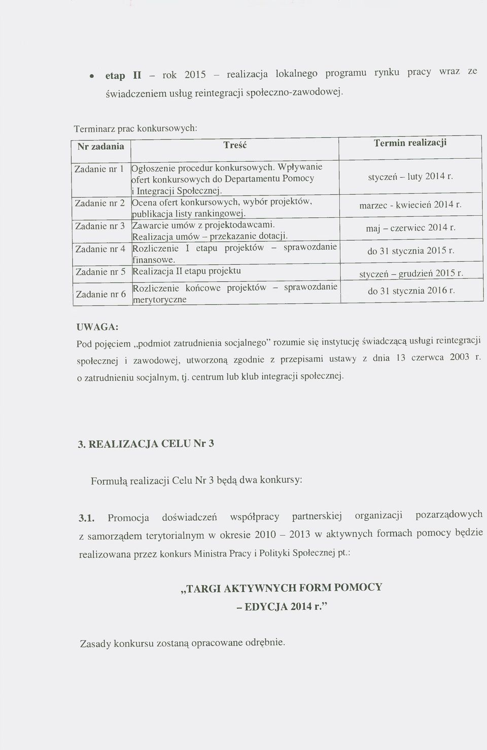 marzec - kwiecień 2014 r. Zadanie nr 3 Zawarcie umów z projektodawcami. Realizacja umów - przekazanie dotacji. maj - czerwiec 2014 r.