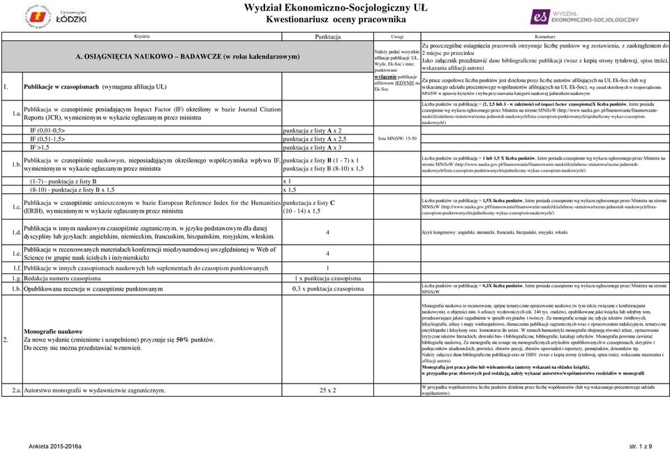 Jako załącznik przedstawić dane bibliograficzne publikacji (wraz z kopią strony tytułowej, spisu treści, wskazania afiliacji autora) Za prace zespołowe liczba punktów jest dzielona przez liczbę