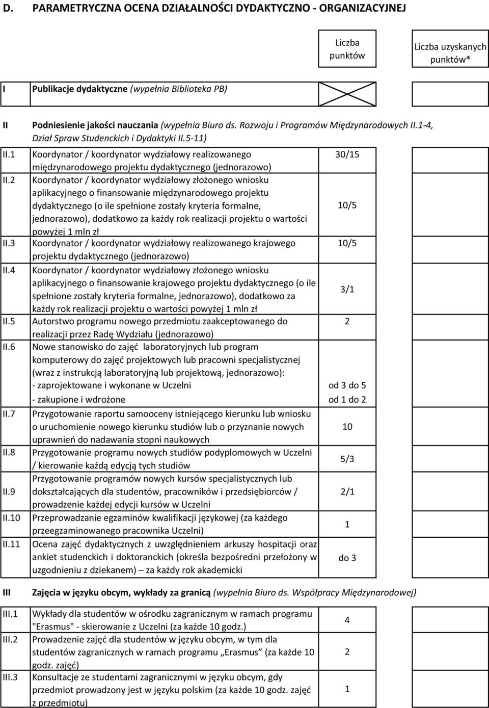 5-) Koordynator / koordynator wydziałowy realizowanego 30/5 międzynarodowego projektu dydaktycznego (jednorazowo) Koordynator / koordynator wydziałowy złożonego wniosku aplikacyjnego o finansowanie