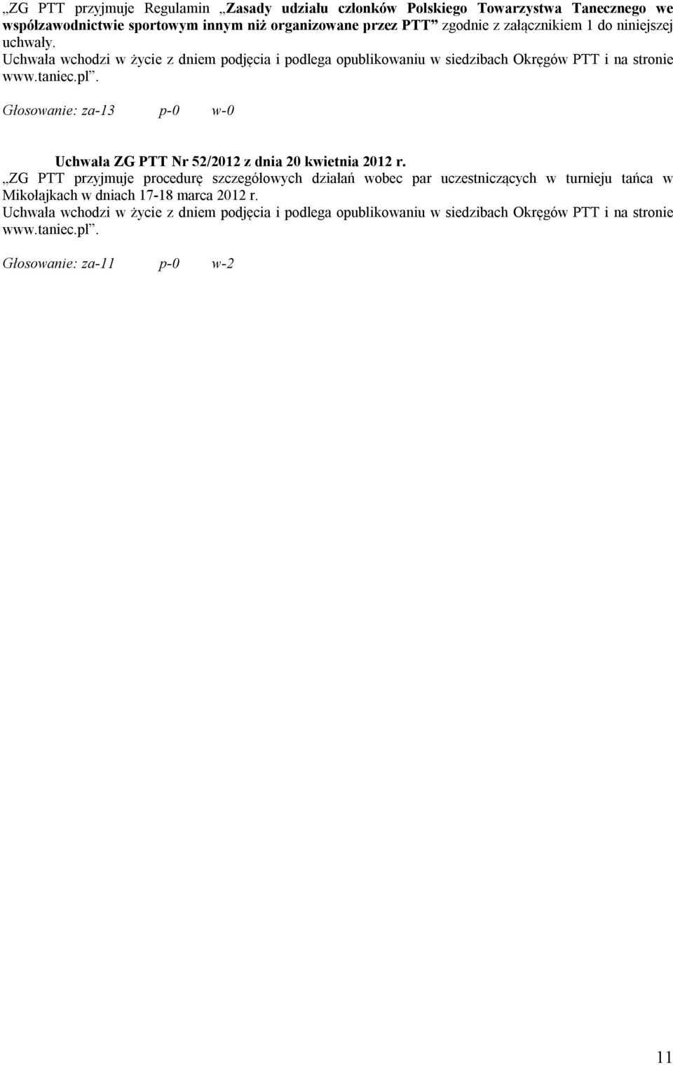 Głosowanie: za-13 p-0 w-0 Uchwała ZG PTT Nr 52/2012 z dnia 20 kwietnia 2012 r.