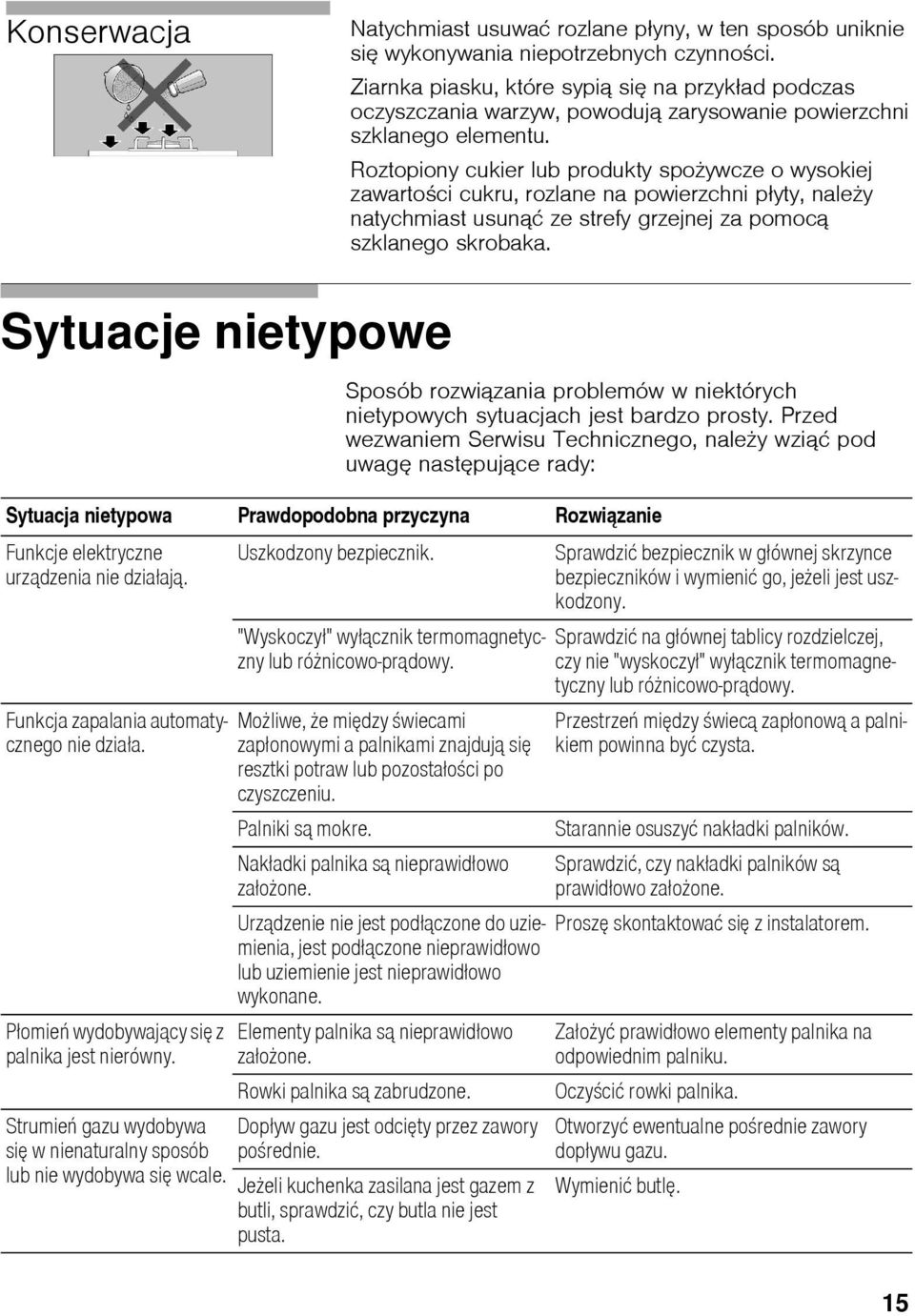 Roztopiony cukier lub produkty spo ywcze o wysokiej zawarto ci cukru, rozlane na powierzchni płyty, nale y natychmiast usunąć ze strefy grzejnej za pomocą szklanego skrobaka.