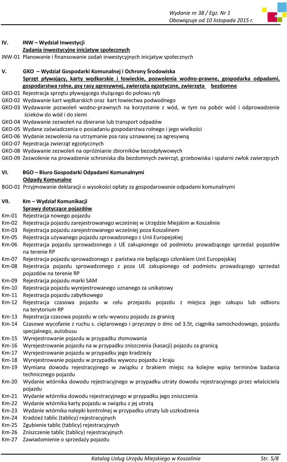 egzotyczne, zwierzęta bezdomne GKO-01 Rejestracja sprzętu pływającego służącego do połowu ryb GKO-02 Wydawanie kart wędkarskich oraz kart łowiectwa podwodnego GKO-03 Wydawanie pozwoleń wodno-prawnych