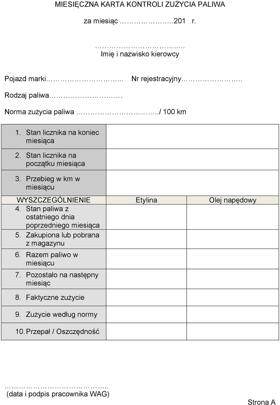 Przebieg w km w miesiącu WYSZCZEGÓLNIENIE Etylina Olej napędowy 4. Stan paliwa z ostatniego dnia poprzedniego miesiąca 5.