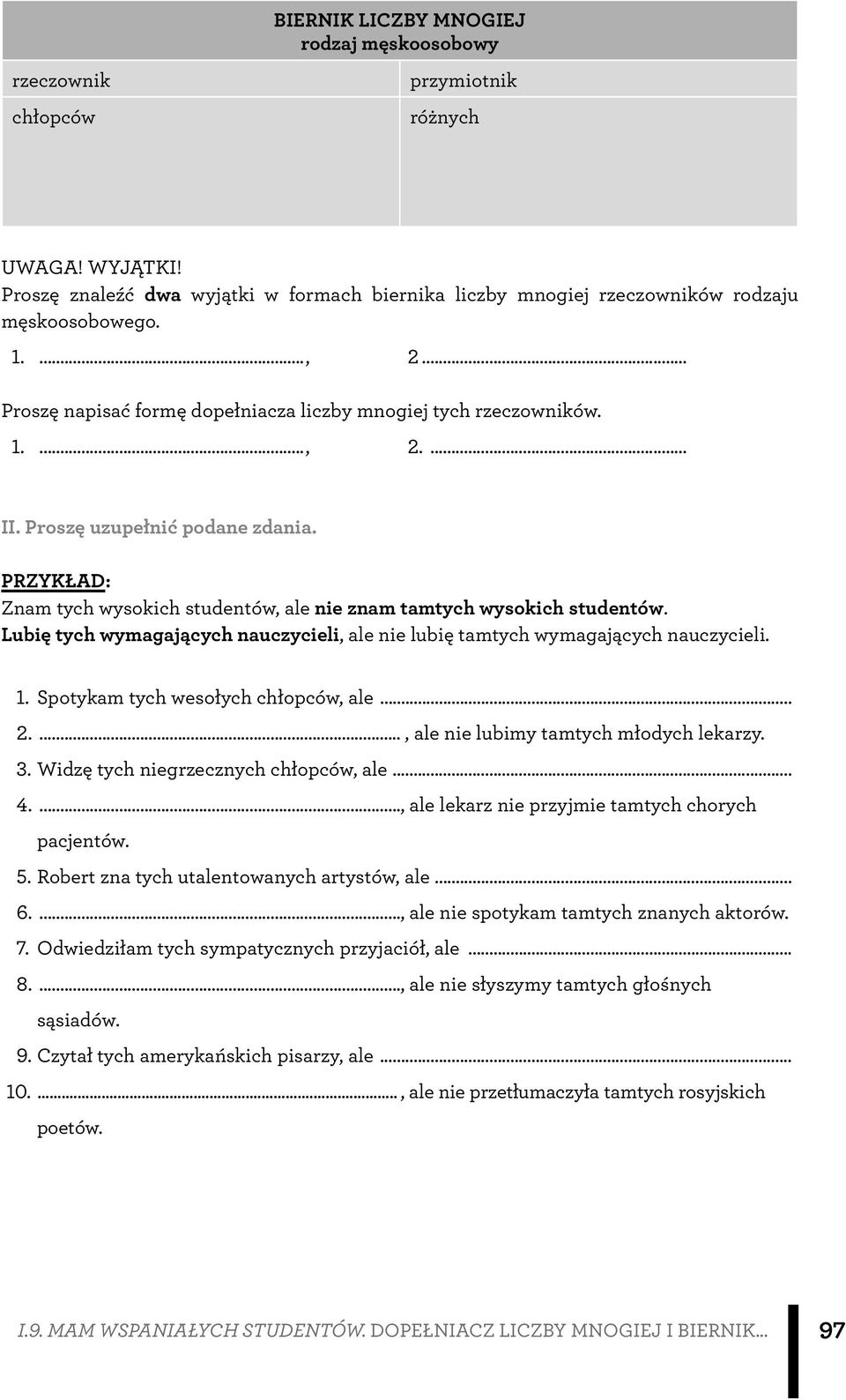 Lubię tych wymagających nauczycieli, ale nie lubię tamtych wymagających nauczycieli. 1. Spotykam tych wesołych chłopców, ale... 2...., ale nie lubimy tamtych młodych lekarzy. 3.