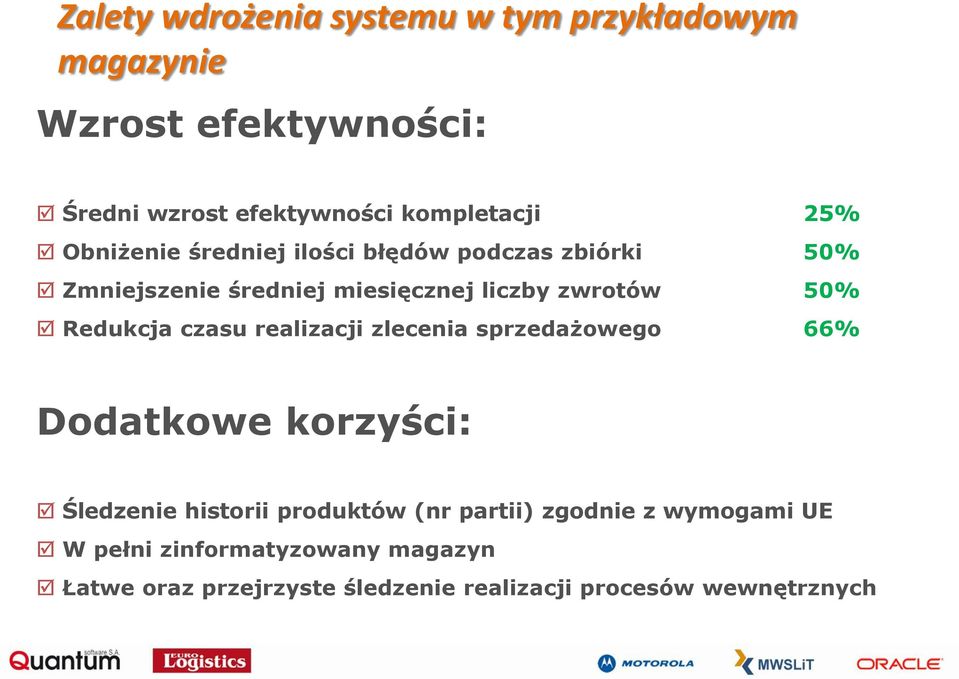 Redukcja czasu realizacji zlecenia sprzedażowego 66% Dodatkowe korzyści: Śledzenie historii produktów (nr partii)