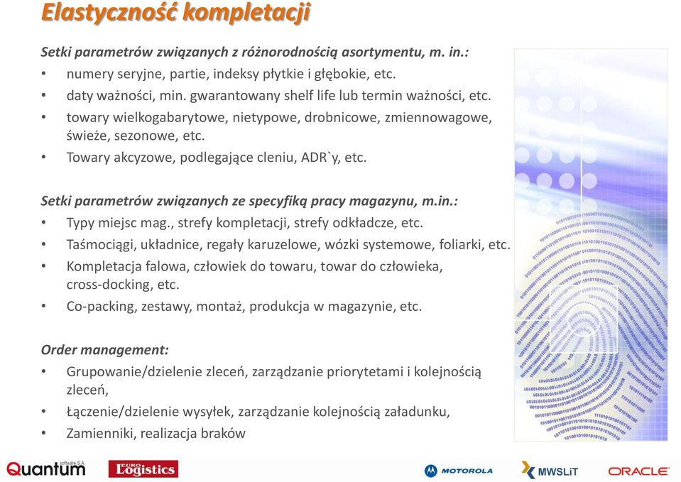 Setki parametrów związanych ze specyfiką pracy magazynu, m.in.: Typy miejsc mag., strefy kompletacji, strefy odkładcze, etc. Taśmociągi, układnice, regały karuzelowe, wózki systemowe, foliarki, etc.