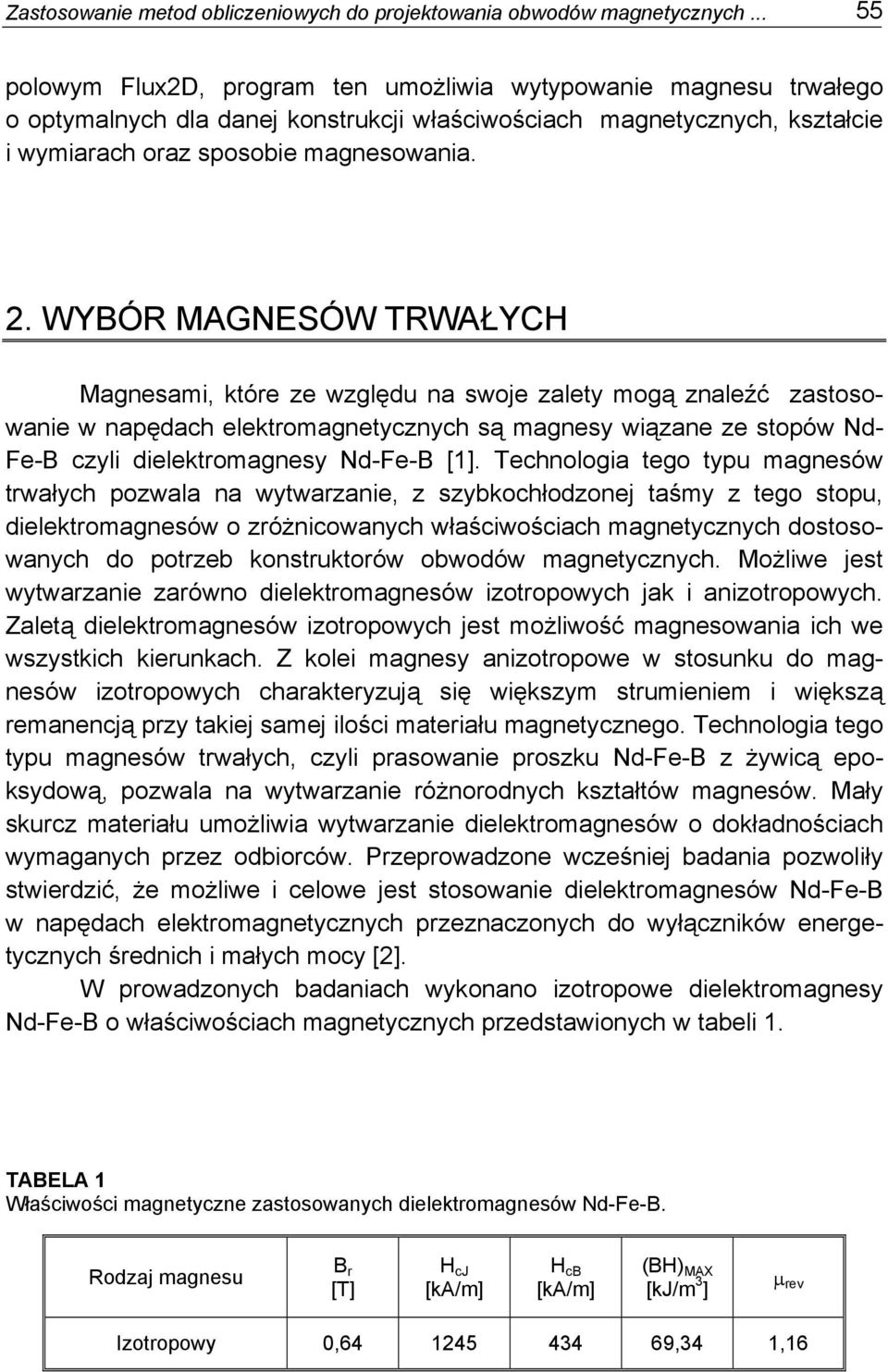 WYBÓR MAGNEÓW TRWAŁYCH Magnesai, które ze wzgęu na swoje zaety ogą znaeźć zastosowanie w napęach eektroagnetycznych są agnesy wiązane ze stopów N- Fe-B czyi ieektroagnesy N-Fe-B [].