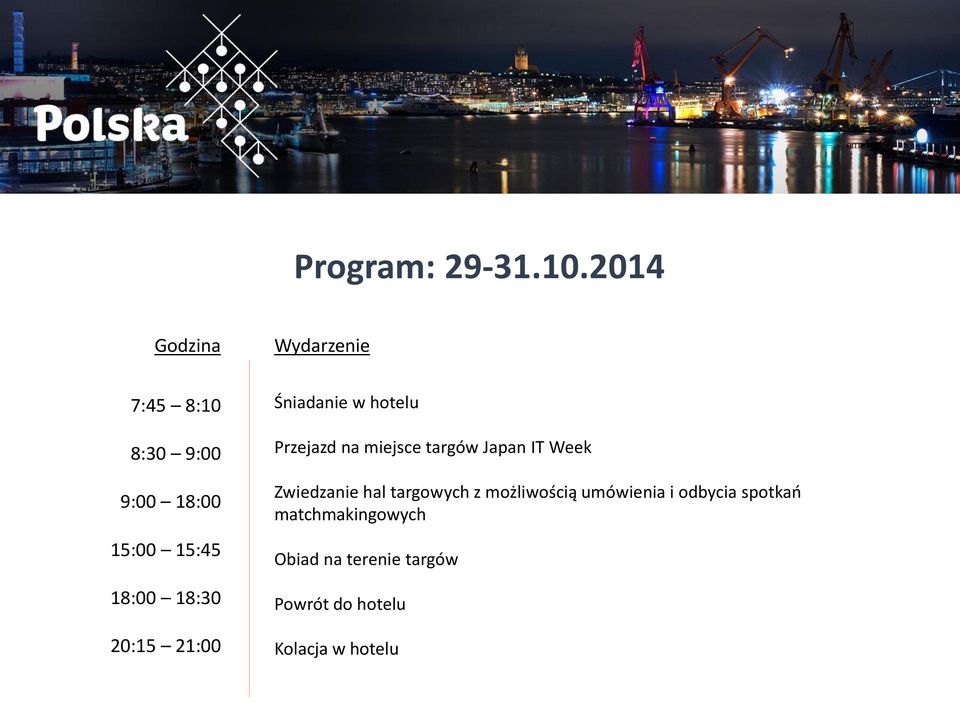 18:30 20:15 21:00 Śniadanie w hotelu Przejazd na miejsce targów Japan IT Week
