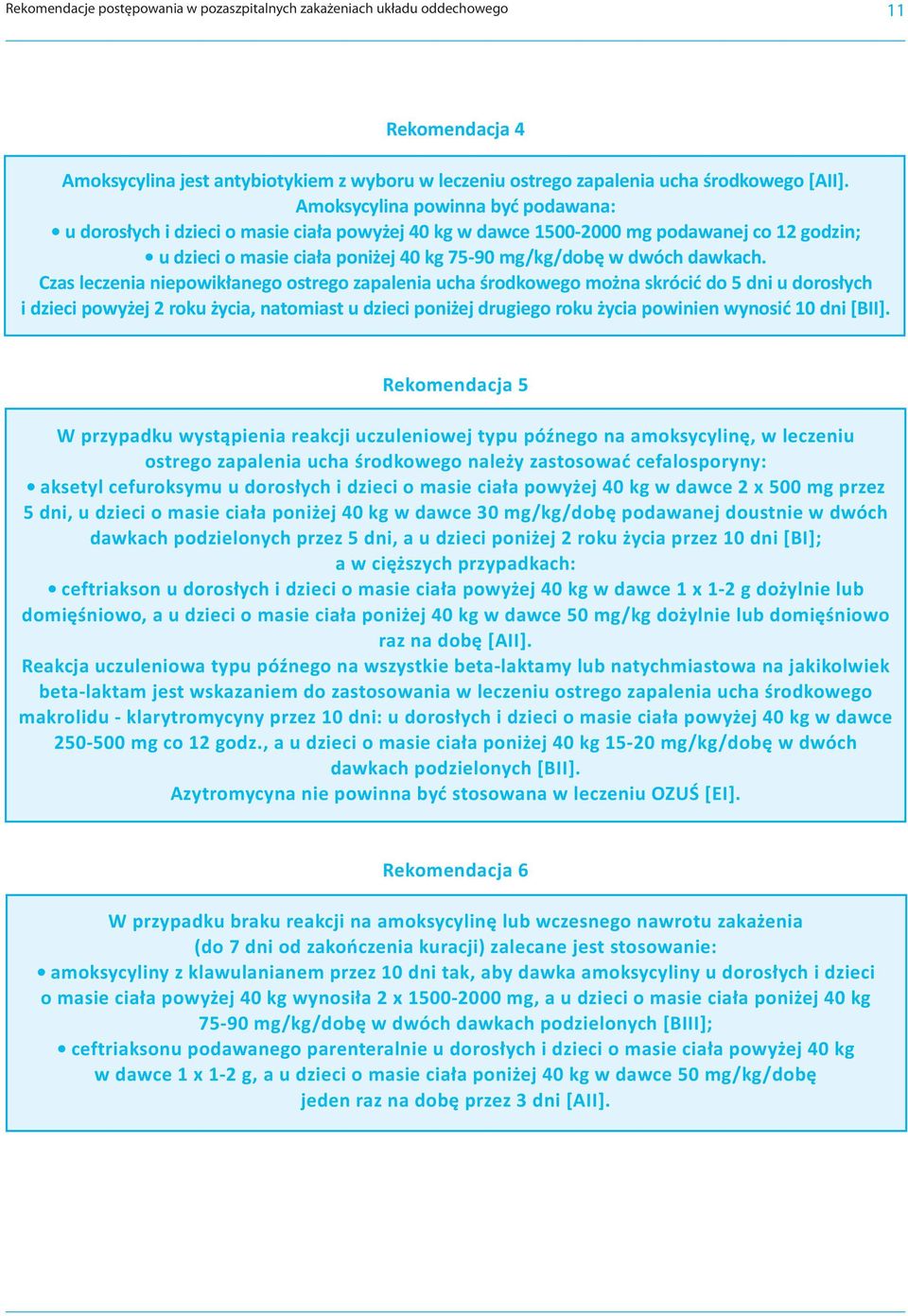 Czas leczenia niepowikłanego ostrego zapalenia ucha środkowego można skrócić do 5 dni u dorosłych i dzieci powyżej 2 roku życia, natomiast u dzieci poniżej drugiego roku życia powinien wynosić 10 dni