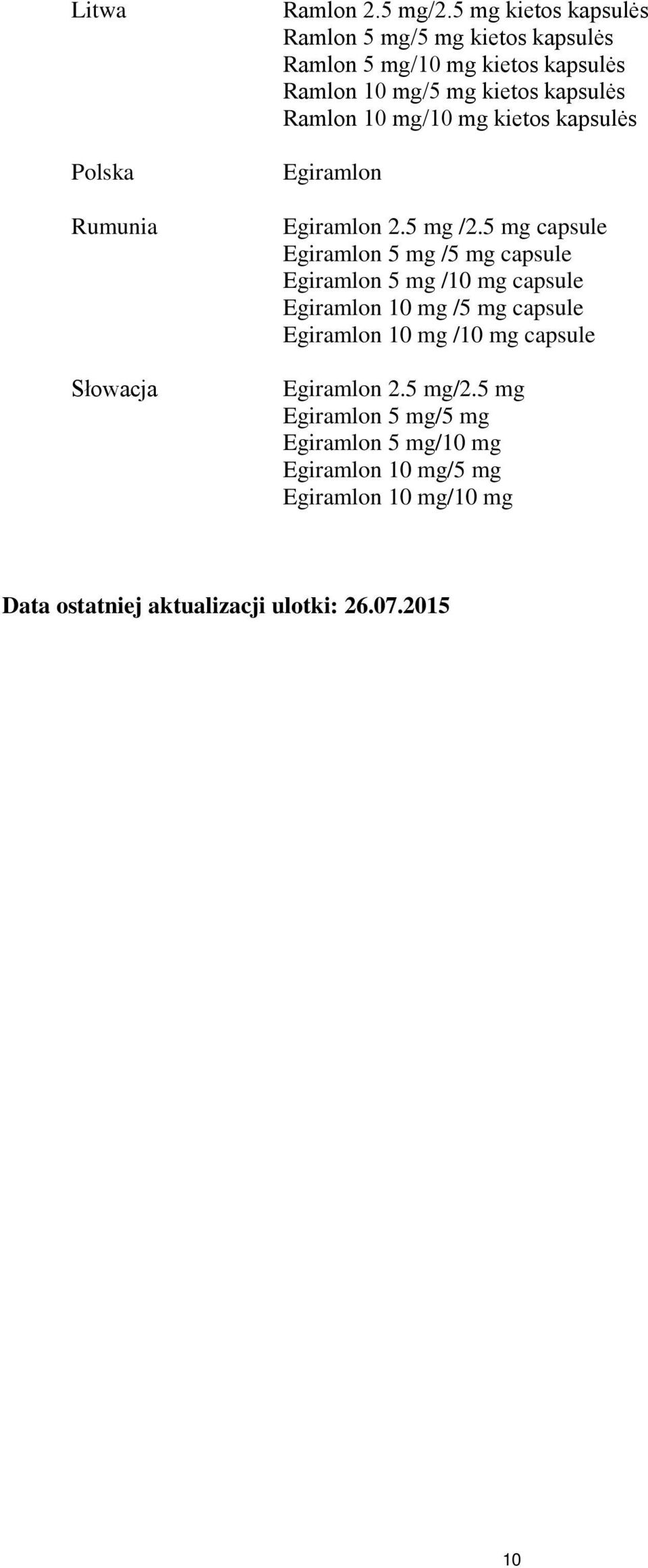 10 mg/10 mg kietos kapsulės Egiramlon Egiramlon 2.5 mg /2.