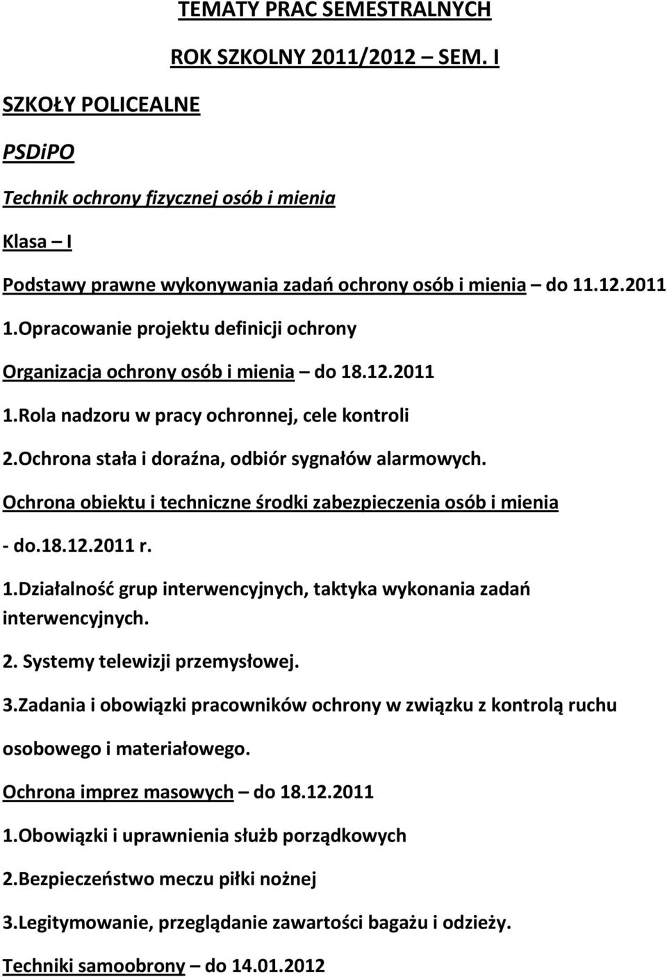 Ochrona obiektu i techniczne środki zabezpieczenia osób i mienia - do.18.12.2011 r. 1.Działalność grup interwencyjnych, taktyka wykonania zadań interwencyjnych. 2. Systemy telewizji przemysłowej. 3.